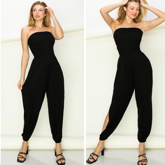 Pants - NFS Black Smocked Tube with Split Hem Jumpsuit